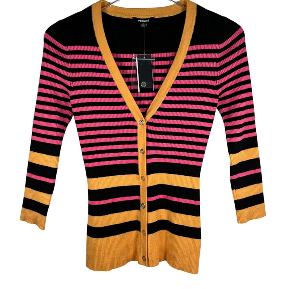 NEW! Premise Women's Striped Cardigan Sweater S Pansy Pink Combo Rayon